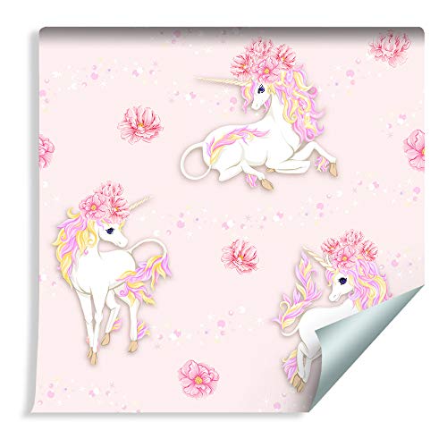Wallepic Papier peint intissé 10 m Motif licornes et fleurs Pour enfant 1000 x 53 cm Décoration murale moderne Tapisserie