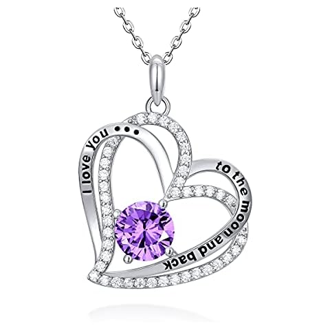 CRYSLOVE Mothers Day Gifts Heart Birthstone Necklace 925 Sterling Silver White Gold Plated I Love You to the Moon and Back Love Heart Pendant Jewelry Gifts for Women Mum Her Wife Girlfriend Cover