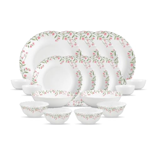 Image of La Opala Opal Glass Crockery | for Family of 4 | Dinner Set 18 pcs Spring Meadows | Plates & Bowls for Dining | Microwave Safe | 100% Vegetarian | Extra Strong | Extra Light & White