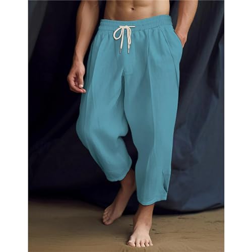 Mens Cotton Linen Harem Pants Lightweight Elastic Waist Casual Cropped Loose Fit for Beach, Yoga and Casual Wear2