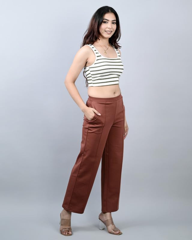 Image of Mlada Mid Waist Wide Leg Flared Pants Elastic Waist Band for Women Office Work Formal Wear Stretch Cotton Knit Flare Pants Utility Pockets Extra Flare Pants Trousers for Travel