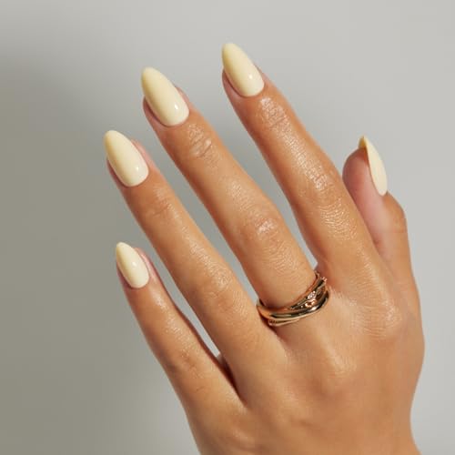 LAMIMOSA 32Pcs Butter Yellow Press On Nails Short Almond Soft Gel Solid Color Fake Nails in 16 Sizes Yellow Glue on Nail kit Summer Nails BUTTERCUP