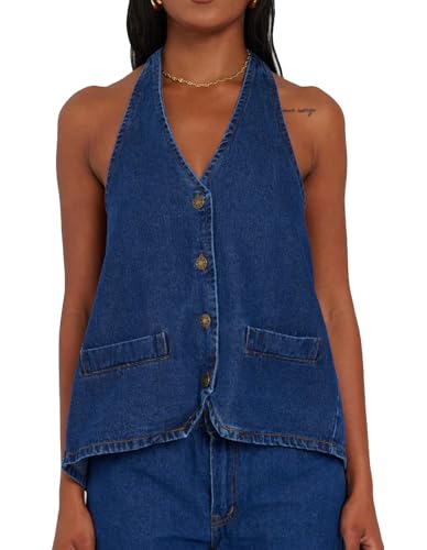 Kedera Women's Tie Up Denim Vest Button Down Backless Denim Tank Top V Neck Sexy Loose Fashion Cropped Vest