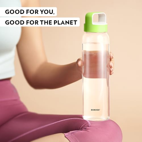 Image of Borosil 1000ml Neo Water Bottle with Green Husk Lid | Borosilicate Glass Wide Mouth Bottle for Fridge | Extreme Temperature Resistant For Hot & Cold Water, Milk, Lassi, Juice | Transparent (2pc)