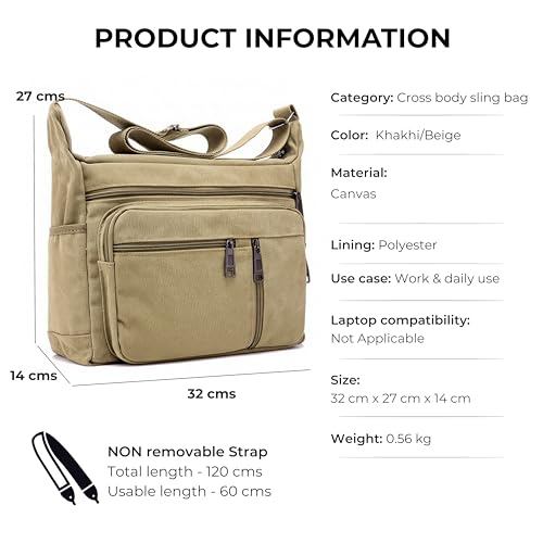 Image of POPCUBE Large Canvas Crossbody Sling Bag for Men & Women | 7 Zipper Pockets, 2 Water Bottle Holders, Adjustable Strap | Travel, Office, College Shoulder Bag | Durable Canvas Material, 32x14x27 cm