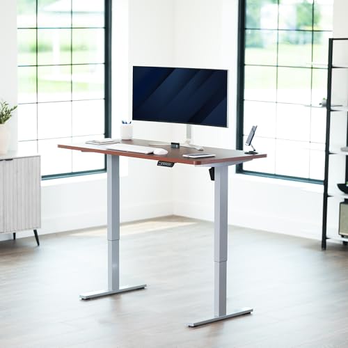 Image of VIVO Dark Walnut 55 x 28 in Standing Desk, DESK-KIT-1G55D | Electric, Holds 220 lbs, Sit Stand, Height Adjustable, Solid One-Piece Table Top, Memory Presets, 1B Series, Gray Frame