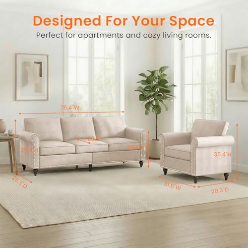 Image of ijuicy 2-Piece Sectional Sofa Set, Modern Linen Couch Set -Beige | with 5 inch Thicken Cushion & Nailhead Trim, Living Room Furniture Set-Armchair and 3 Seat Sofa