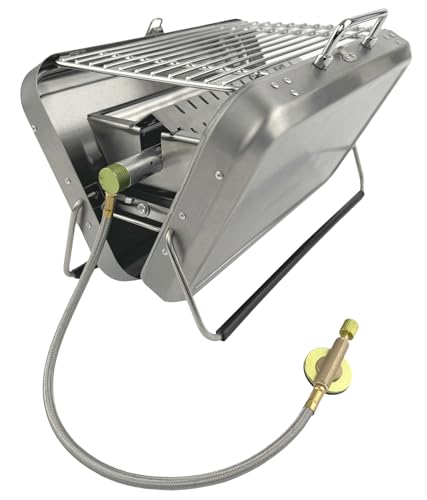 GARDINGER BBQ 42 mobiler Koffergrill aus Edelstahl für Gaskartuschen Holzkohle | Klappbarer Camping-Grill für Picknick Outdoor mit Grillzange | 31x20x7 cm