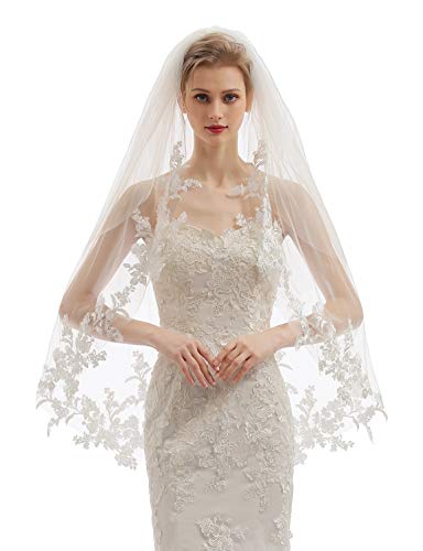 Elawbty Womens 2 Tier Fingertip Length Short Lace Wedding Bridal Veil With Comb X07 White #TOP1