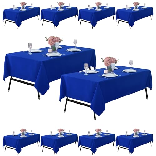 Image of 10-Pack 60x102 inch Royal Blue Table Cloths, Solid Stain and Wrinkle Resistant Oblong Tablecloth, Premium Plain Weave Polyester Fabric Rectangle Table Linen Covers for Hotel, Wedding