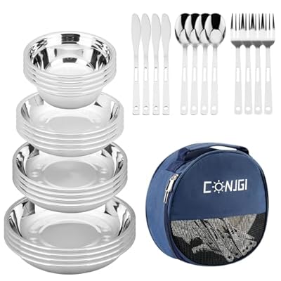 Camping Mess Kits - 28pcs Camping Dinnerware Set Camping Gifts Camping cookware Sets Camping Accessories Camping Cooking Utensils Set Bowls, Plates, Knives, Forks, Spoons