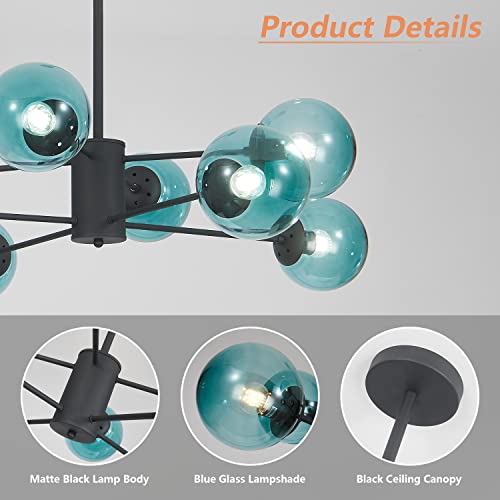 Kco Lighting Modern 8-Lights Blue Glass Sputnik Chandelier Mid-Century Matte Black Globe Flush Mount Chandelier Industrial Large Glass Ball Sputnik Chandelier Pendant Lamp (Black+Blue) #TOP2