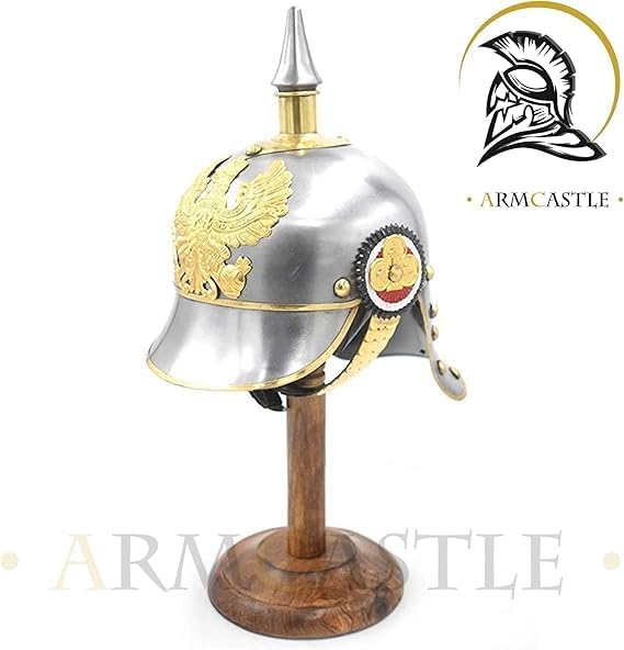 Prussian Pickelhaube Spike Helmet Silver Finish with Brass Trim – German Imperial Officer Military Collectible