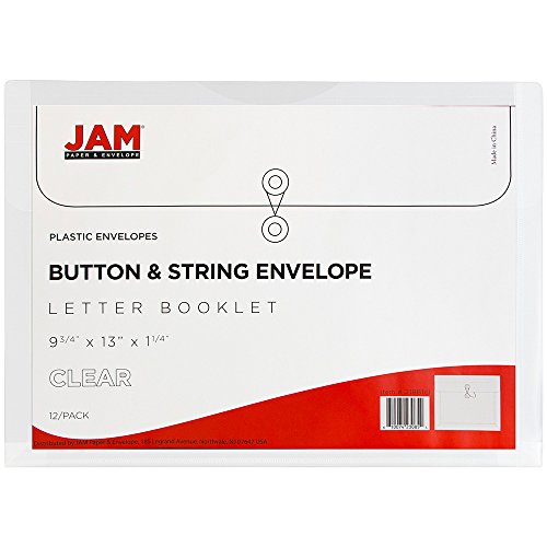 Jam Paper Plastic Envelopes With Button & String Tie Closure - Letter Booklet - 9 3/4 X 13 - Clear - 12/Pack #TOP4