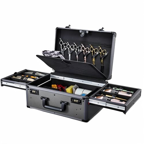 Image of Yueieoun Barber Case with Clippers Sliding Tray, Profesional Barbers Briefcase Tool Case, Travel Barber Cases for Clippers and Supplies, Hair Scissors Trimmer Organizer, Salon Grooming Hard Suitcase