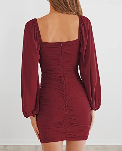 Image of MEROKEETY Women Square Neck Lantern Long Sleeve Mesh Ruched Bodycon Clubwear Mini Dress