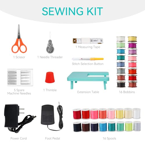 Sewing Machine for Beginners with Extension Table, Mini Electric Portable Sewing Machine with 12 Stitches LED Light and Accessories Kit for Home DIY Sew Project Cyan