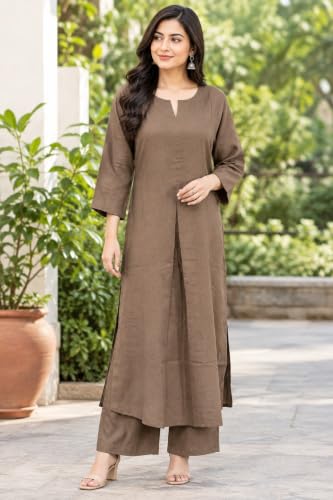 Image of idaLia Rayon Solid Straight Brown Kurta Set for Women with Palazzo 3 /4 Sleeve, Round V Neck Designer Kurta with Palazzo Pant Set
