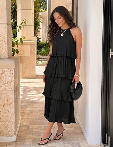 Image of ZESICA Women's 2026 Summer Sleeveless Halter Neck Ruffle Tiered Layered Chiffon Flowy Swing Long Midi Dress