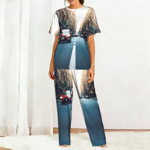 Pyjama doux pour femme vêtement de nuit confortable imprimé voiture rouge