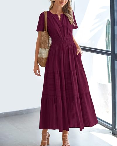 BTFBM Womens Summer 2026 Casual Midi Maxi Dresses Lightweight Short Sleeve V Neck Elastic Waist Boho Beach Dress Pockets(Wine Red, Small) — view 2