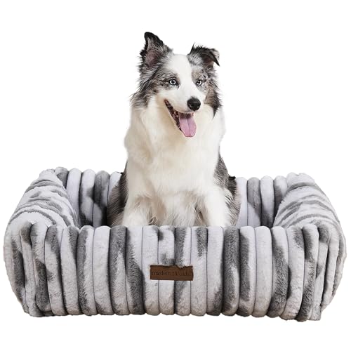 Image of Modern Threads Ribbed Plush Two-Tone Cuddler Dog Bed, Ultra-Soft Faux Rabbit Fur, Supportive Bolstered Sides, Removable Washable Cover, Bed for Medium Dogs, Silver, (28 inch L x 21 inch W x 9 inch Th)