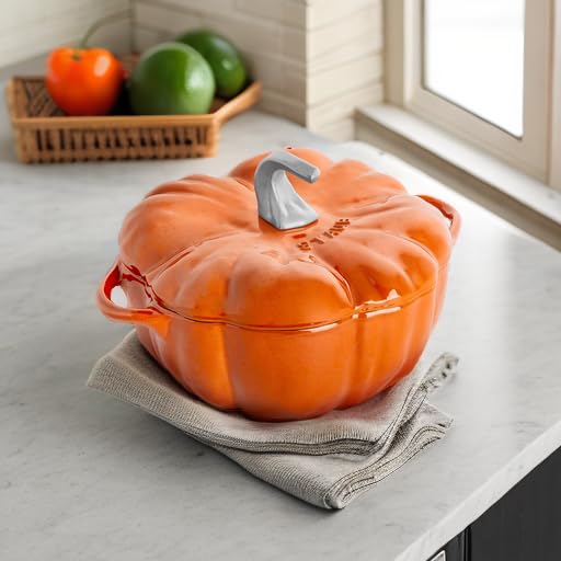 Image of STAUB Cast Iron Dutch Oven 3.5-qt Pumpkin Cocotte with Stainless Steel Knob, Made in France, Serves 3-4, Burnt Orange