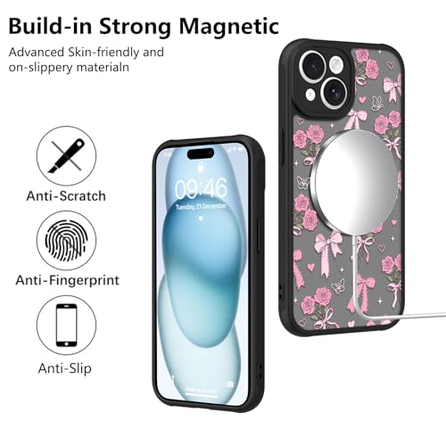 Image of KANGHAR Case for iPhone 15 Plus Bows Bouquet Pattern | [Compatible with Magsafe] Cute Flowers Florals Protective Magnetic Case for Girls Women Men