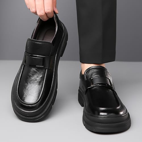 Men's Leather Round Toe Platform Slip-On Oxford Shoes,Fashion Metal Decoration Business Loafers Casual Formal Work Driving Shoes4