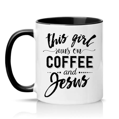 Image of Sassy Souls This Girl Runs On Coffee and Jesus Womens 11oz Ceramic Novelty Mug Christian Religious Faith Tea Coffee Cup Gift Black