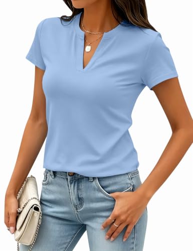 Image of Meetrendi Women's Notch V Neck T-Shirt Slim Fit Premium Cotton Blend Short Top
