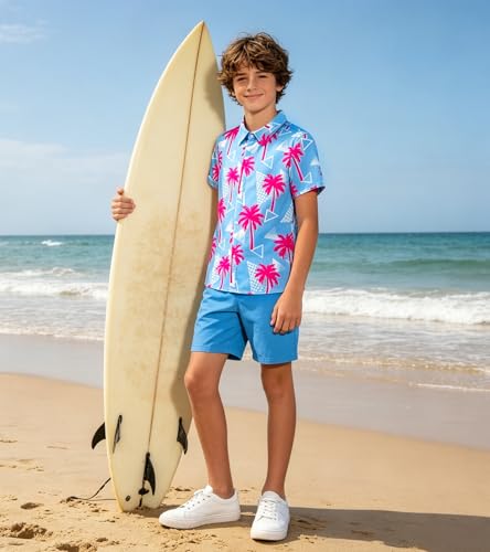 Image of uideazone Boys Hawaiian Shirts Novelty Printed Funky Short Sleeve Button Down Shirt Kids Aloha Luau Shirt 7-14T