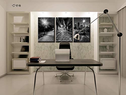 Canvas Wall Art Boston - Black And White Modern Panoramic City Night View Skyline Cityscape Historic Center Prague Street Lights Close-Up Picture Painting For Bedroom Living Room Home Decor Framed #TOP4