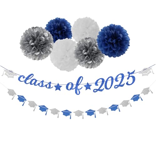 Navy-Blue White-Silver Party-Decorations Graduation Banner - 8pcs Kits Class of 2025 Cap Garland Streamers, Paper Tissue Pom Poms Flowers, Congratulations Grad Decor Lasting Surprise