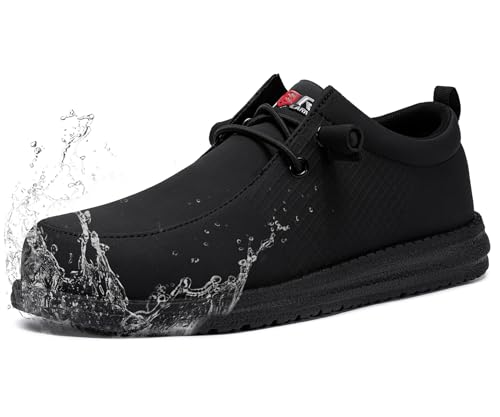 LARNMERN Slip On Steel Toe Shoes Men Lightweight Comfortable Lounging Walking Sneakers Safety Work Steel Toe Loafers (12 Men Black Leather)