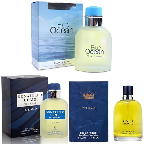 A CENTER 3Pack Men Colognes Donatello Uomo&Blue Ocean&Docetto Eau De Parfume Spray with Woody Floral & Fruity Scent Perfume Gift Set Day to Night Luxury Fragrances
