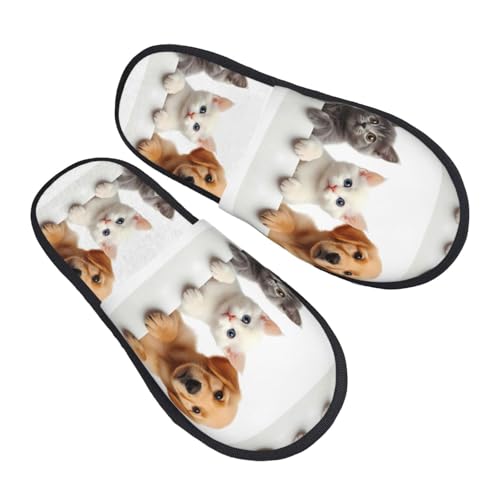 Cute Kittens And Puppy Pattern Women's Fuzzy Slippers Comfy Non Slip for Women Mom Girlfriend Indoor Outdoor