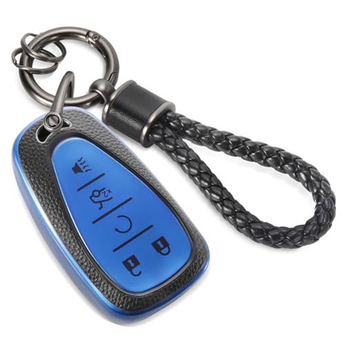 Image of for Chevy Key Fob Cover with Metal Braided Rope Keychain, Upgraded TPU Surface Grain Key Case for Malibu Equinox Blazer Trax Traverse Camaro Volt (5 Buttons) (Blue, B1)