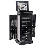 Karl home Large standing Jewelry Armoire Cabinet with 7 Drawers & 2 Swing Doors 24 Hooks, Large Wood Jewelry Cabinet Organizers with Top Flip Mirror, Blck