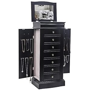 Karl home Large standing Jewelry Armoire Cabinet with 7 Drawers & 2 Swing Doors 24 Hooks, Large Wood Jewelry Cabinet Organizers with Top Flip Mirror, Blck