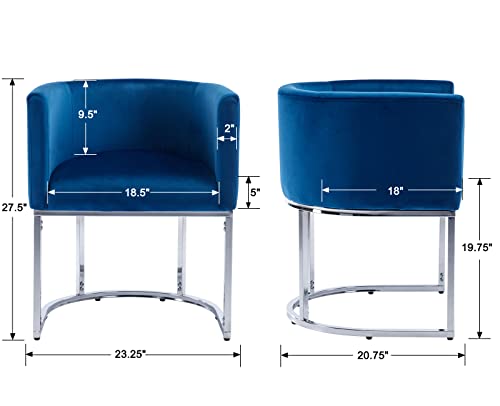 Image of HNY Mid Century Modern Upholstered Barrel Dining Chairs with Arms Set of 3, Velvet Kitchen & Dining Room Chairs, 18.5 inch Wide Accent Chairs for Dining Room Living Room with Chrome Metal Frame, Blue