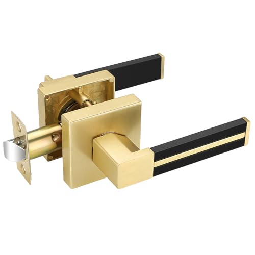 EHOMEWARE 1 Pack Gold Door Handle with Black Leather Handle, Brass Interior Door Handle Passage Door Lever for Hallway Closet, Door Knob with Universal Handling for Right or Left Handed Doors