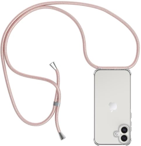 ZYIMOU für iPhone 16 Hülle mit Band, Handyhülle iPhone 16 Handyband Hülle mit Kette Schutzhülle Kordel zum Umhängen Transparent Weich TPU Silikon Bumper, Rosé Gold