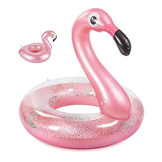 Olycism Flotador Inflable Flamenco para Piscina con Lentejuelas Soporte para Bebidas y Kit de Parche, Flamenco de Juguete Inflable de Verano para Fiestas de Piscina