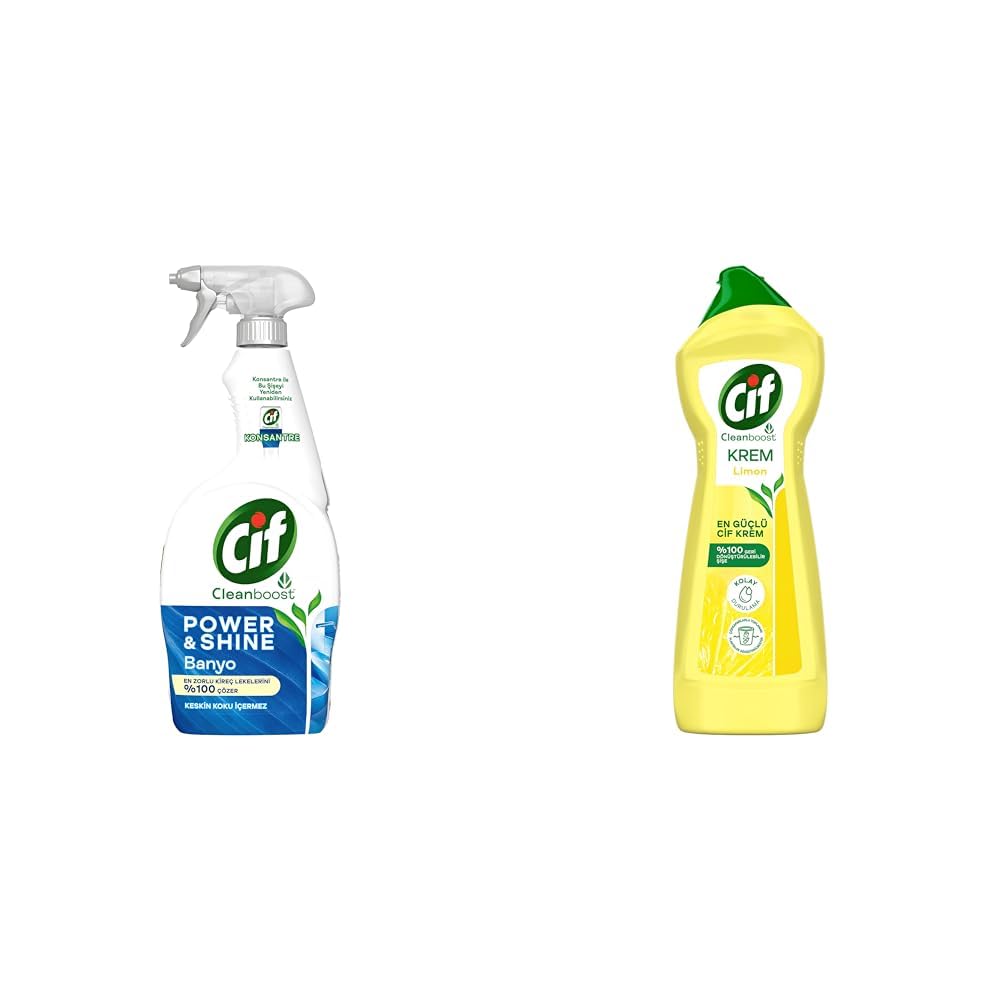 Cif Power Shine Cleanboost Sprey Temizleyici Banyo İçin Temizleyici ve Kireç Çözücü 750 ML(4) Cif Krem Yüzey Temizleyici Limon Kokulu Yağ ve Kireç Sökücü Leke Çıkarıcı 750 ML(1)