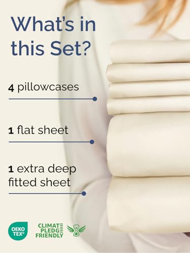 Image of Extra Deep Queen Sheet Set - 6 Piece Breathable Cooling Sheets - Off White | Hotel Luxury Bed Sheets Set, Easy & Secure Fit, Ultra-Soft, Wrinkle & Fade Free, Comfy Sheets Set with Extra Deep Pockets