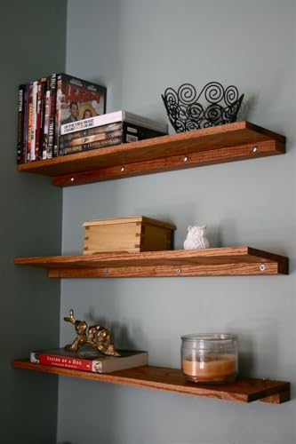 Image of MAYAL Floating Wall Shelves, Wooden Display Shelf Set of 3, Modern Home Decor, Rustic Oak Finish