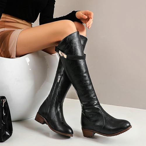Women's Knee High Boots Round Toe Elastic Low Heel Flat Riding Boots Fashion Winter Shoes with Belt Buckle3