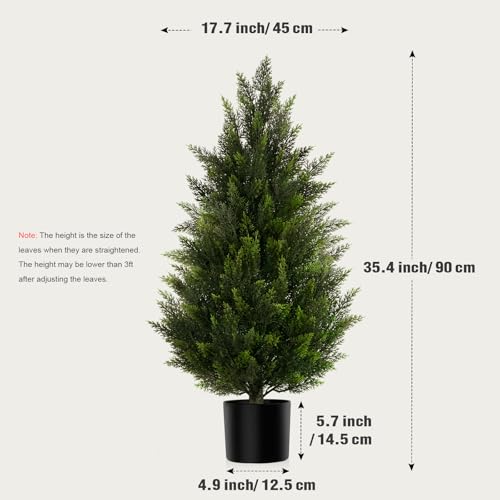 Artificial Topiary Cedar Trees 3FT Tall 2 Set, Outdoor Indoor Faux Pine Shrubs Plants, Realistic Fake Plants Front Porch Decor, Artificial Bushes Cypress for Home Front Door Offices