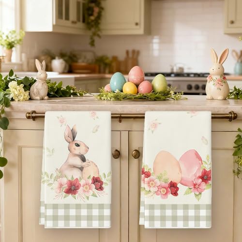 Scinzene 4 Stück Geschirrtuch Ostern Set 40x60 cm - Saugstarke Geschirrtücher Ostern mit Hasen Eier Blumen Motiv - Oster Geschirrtücher Frühling Deko Küche - Küchentücher Geschenk für Frauen
